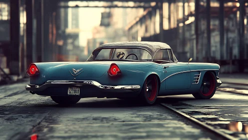 Vintage blue coupe parked on wet urban rail yard streets.