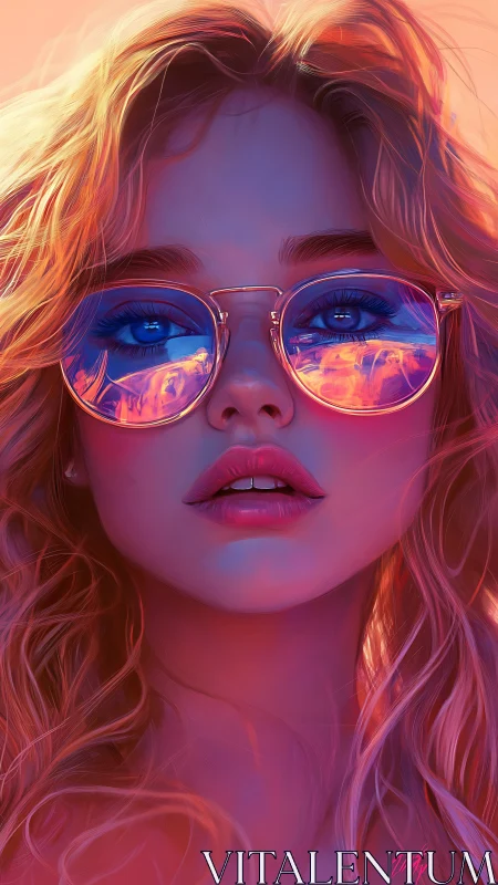 Portrait of woman in reflective sunglasses, neon color study.