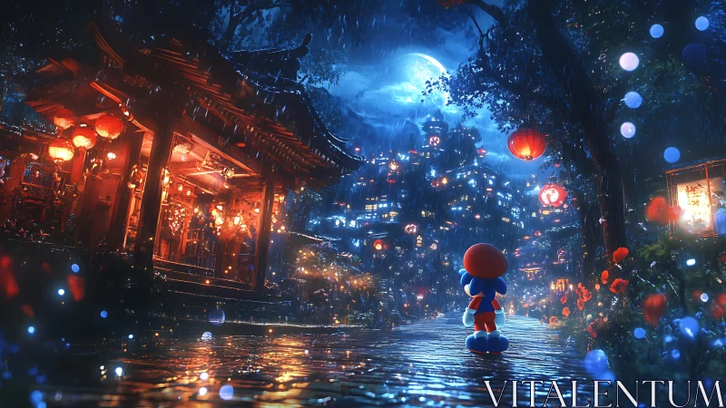 Lantern-lit rainway where a tiny hero meets a moonlit city.