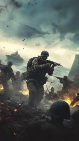 Soldiers storm beachhead under heavy fire and dark skies