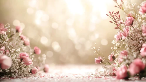 Soft floral arrangement with pink blooms and white baby's breath.