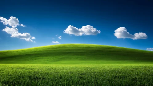 Gentle green hill under bright blue sky and soft clouds.
