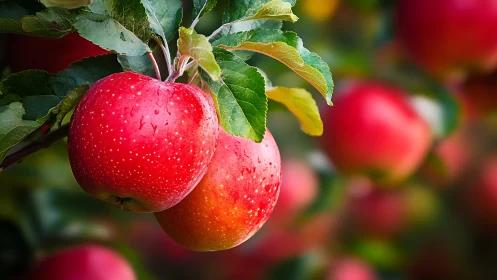 Sunlit red apples hang ripe and dewy on a leafy orchard branch