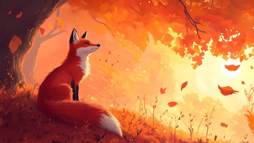 Red fox under autumn tree in warm orange landscape.