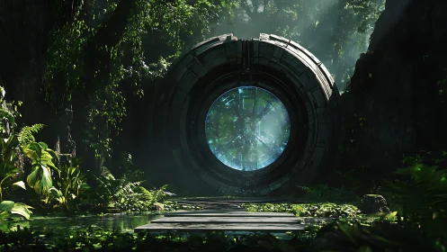 Circular metallic portal structure stands within dense jungle
