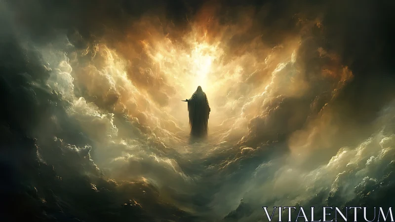 Luminous cloaked figure emerging from storm-wracked clouds.