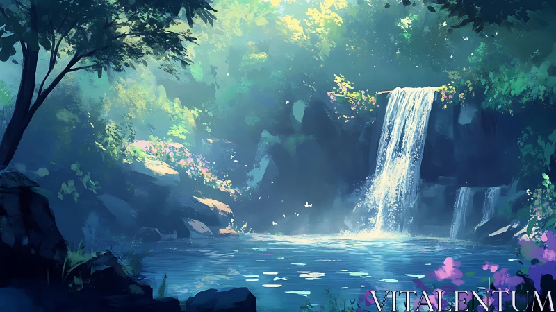 Sunlit forest waterfall with reflective pool and floral foreground