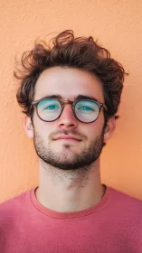 Portrait shows a young adult wearing glasses against wall
