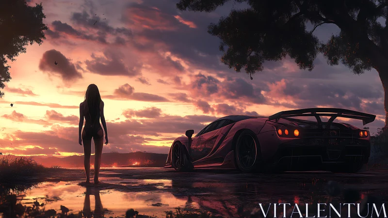 Sunset-lit supercar and lone figure rendered in cinematic digital detail