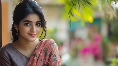 Gentle smile brightens a garden corner with quiet grace