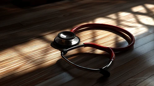 Red stethoscope on sunlit wood floor in dramatic shadows.