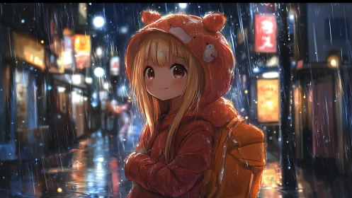 Girl in orange hoodie standing in rainy city street at night.