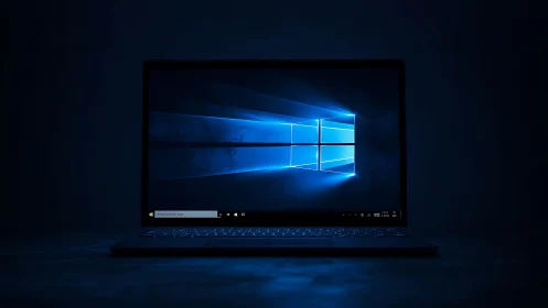 Cool blue laptop screen glows softly in a dark quiet room