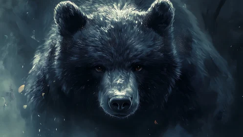 Digital portrait of dark bear in misty forest setting.