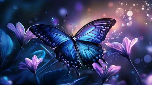 Blue butterfly over flowers in luminous bokeh garden scene.
