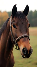 Chestnut sport horse portrait in soft autumn field light.