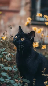 Black cat with amber eyes looking upward among yellow flowers