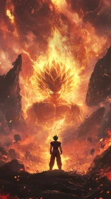 Fiery warrior confronting towering spirit of molten power.