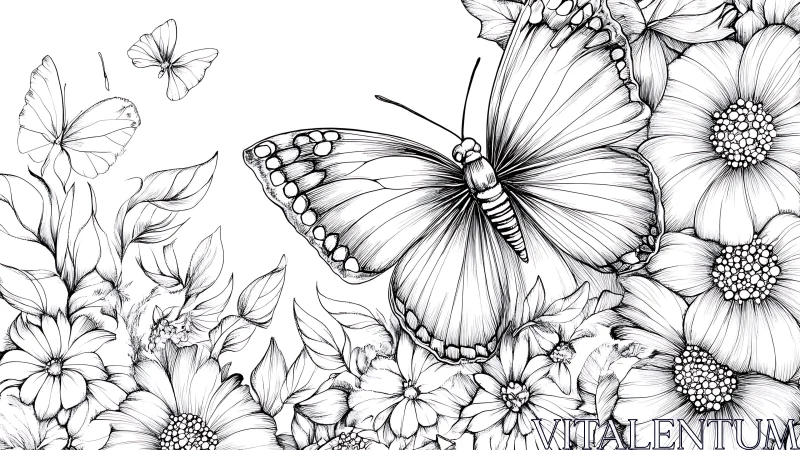 Butterfly wings whisper across a garden of ink-lined blooms