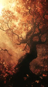 Ancient Tree Silhouette in Autumn Forest Fire.