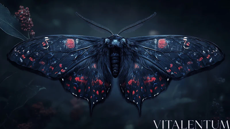 Digital rendering shows dark moth with red and blue markings