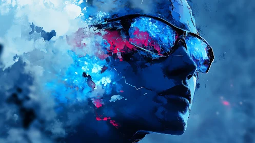 Abstract blue-toned portrait with reflective eyewear focus.