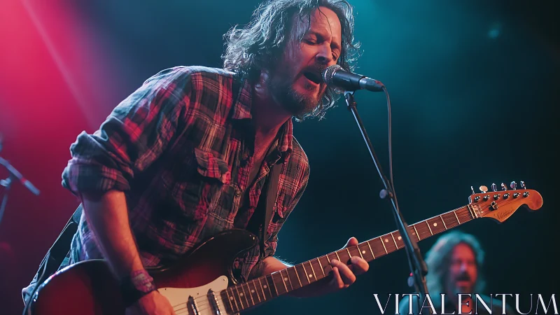 Plaid-shirt guitarist pouring thunder into a live mic night.