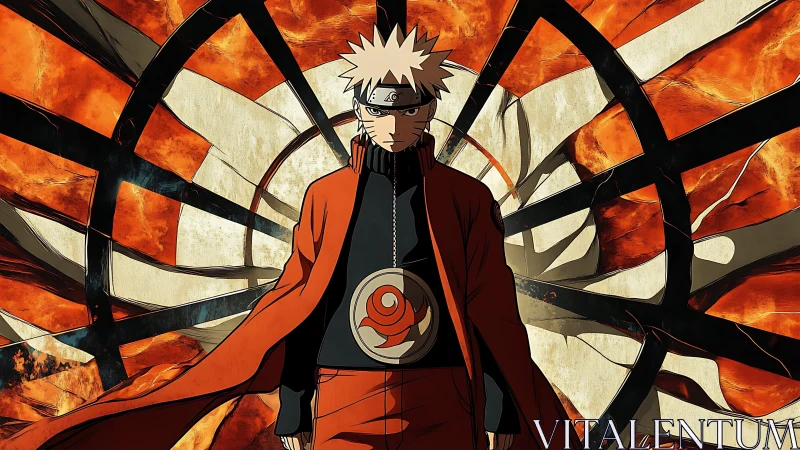 Anime character stands before radial, fragmented backdrop