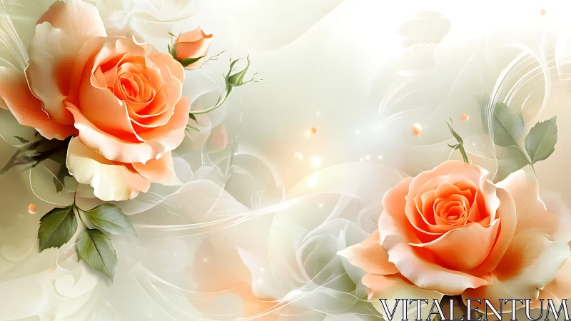 Peachy Orange Roses with Ethereal White Accents and Botanical Elements.