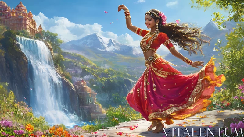 Dancer in crimson whirls above waterfalls and mountain dreams.