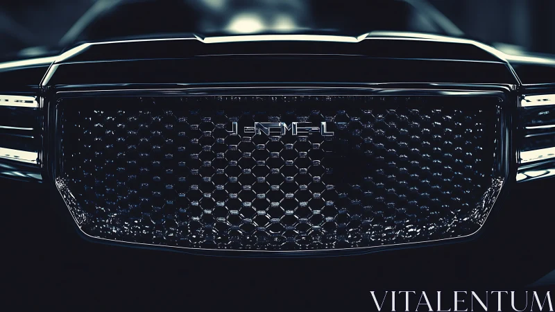 Futuristic luxury car grille shows hexagonal chrome detail.