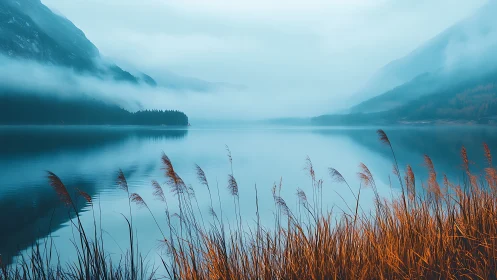 Gentle misty lake with golden reeds and quiet mountains.