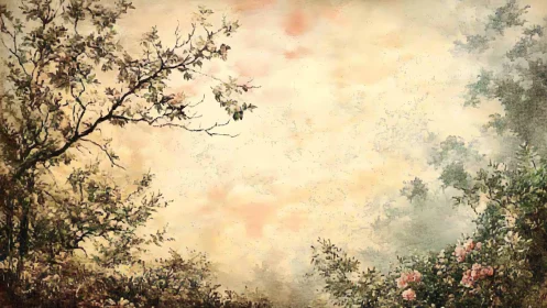 Soft dawn garden framed by misty trees and flowers.