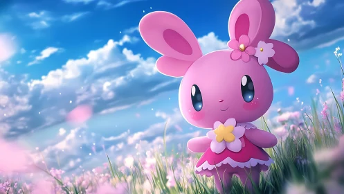 Pink bunny mascot admires a dreamy flower meadow under clouds.
