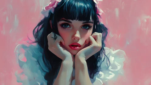 Young woman portrait in soft pink digital painting.