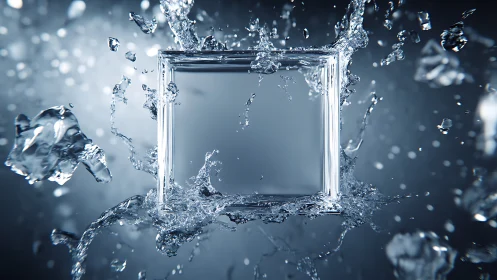 Glass cube disrupts suspended splash in cold monochrome space