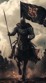 Armored cavalry commander charging with banner amid embers