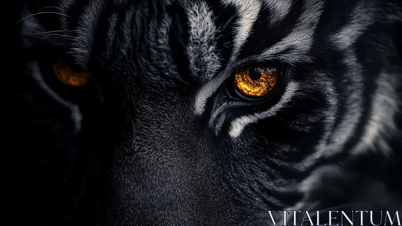 Tiger eyes fill the frame with sharp fur detail and contrast