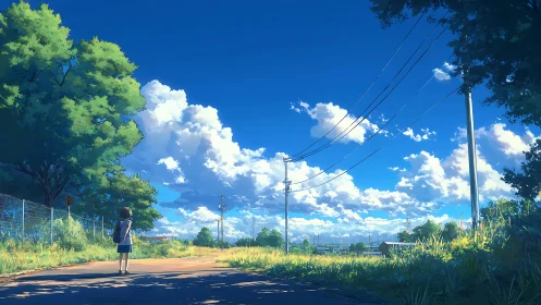 Summer road scene with schoolgirl under expansive sky.