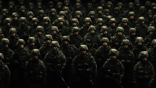 Photorealistic formation of uniformed soldiers in tight grid composition.