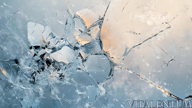 Close-up of shattered glass with soft blue and peach tones, abstract style.
