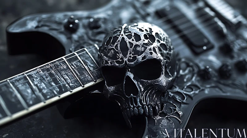Skull-adorned electric guitar glowing with dark metal flair.