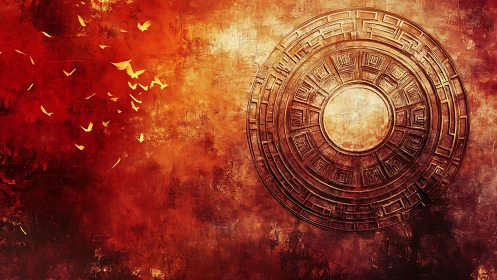 Circular relief structure occupies right side of textured field