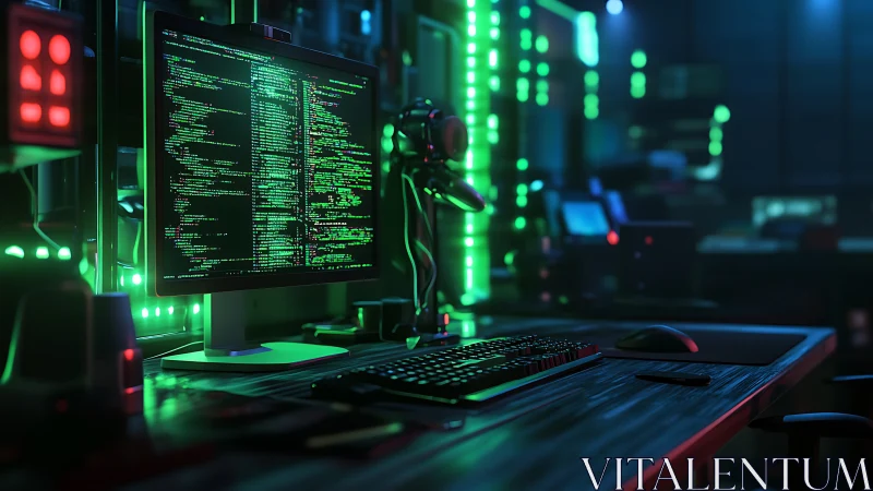 Futuristic coding workstation glows in neon green light.