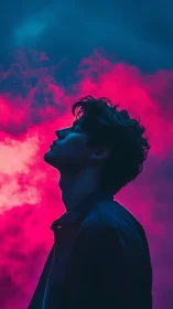 Neon-lit profile captures a dreamlike moment of solitude.