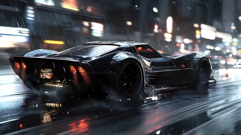 Black sports car moves through wet city street in heavy rain