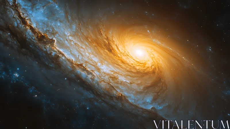 Spiral ember galaxy swirling through sapphire cosmic tides.