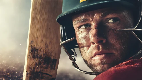 Cricket batsman stares down the pitch in gritty close-up