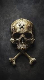 Weathered pirate skull with crossed bones on dark stone.