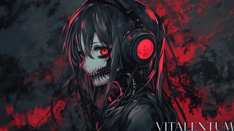 Side profile of skeletal masked girl with headphones.
